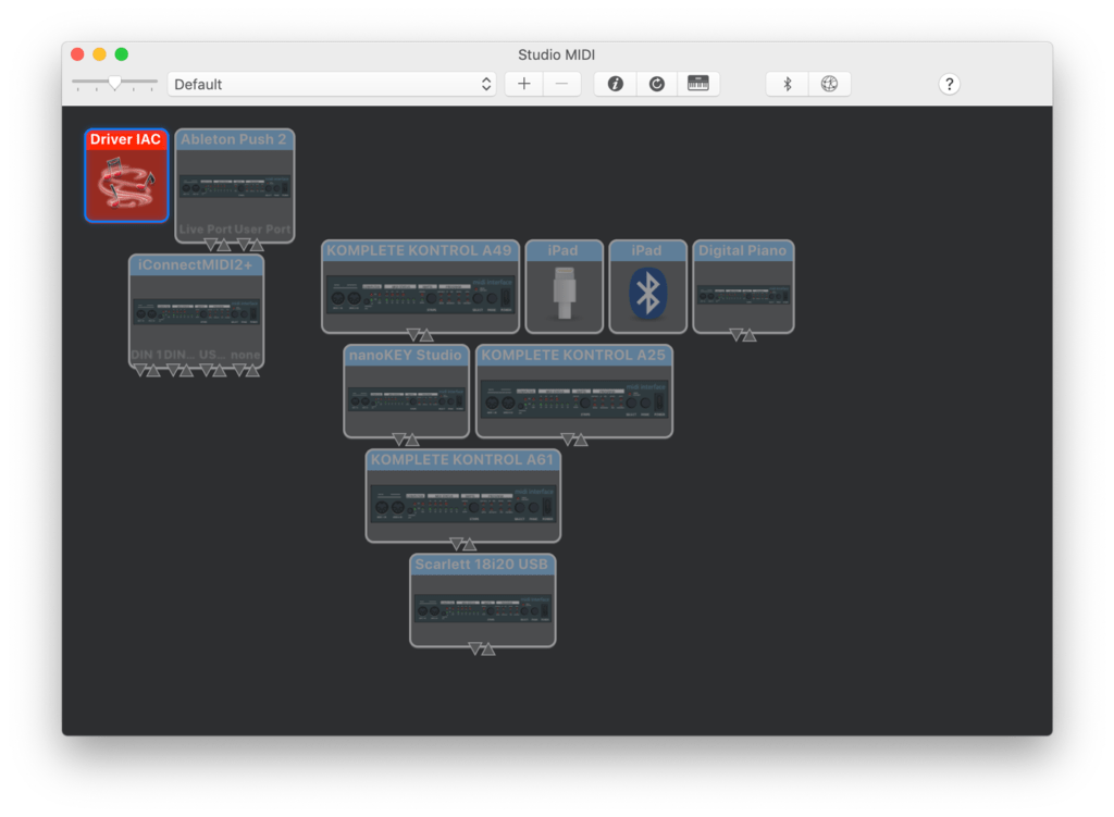 Schermata che rappresenta la finestra Studio MIDI dell'applicazione Configurazione Audio MIDI di macOS. Il driver IAC è selezionato.