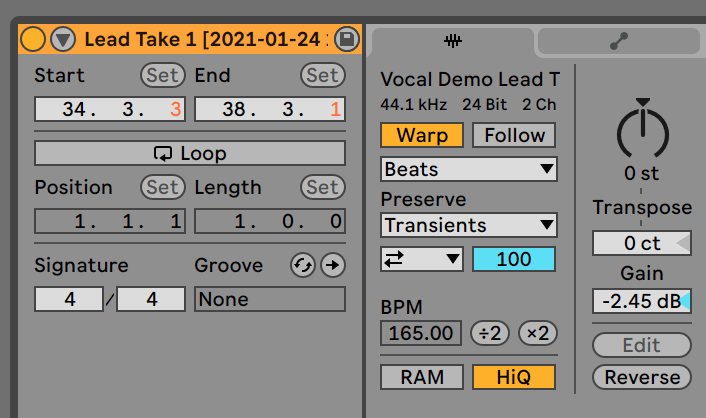 Screenshot che mostra il dettaglio di una clip audio in Live 11