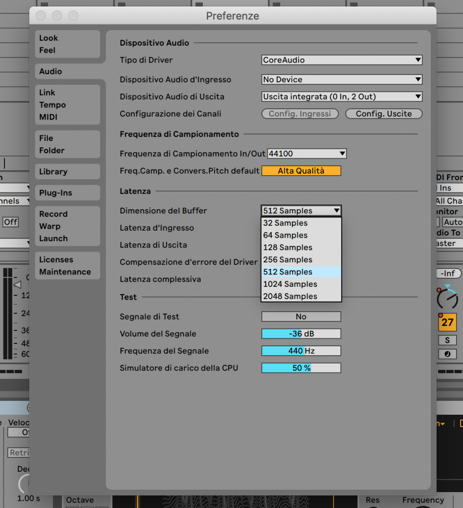 Screenshot che mostra il pannello delle preferenze di Ableton Live 11