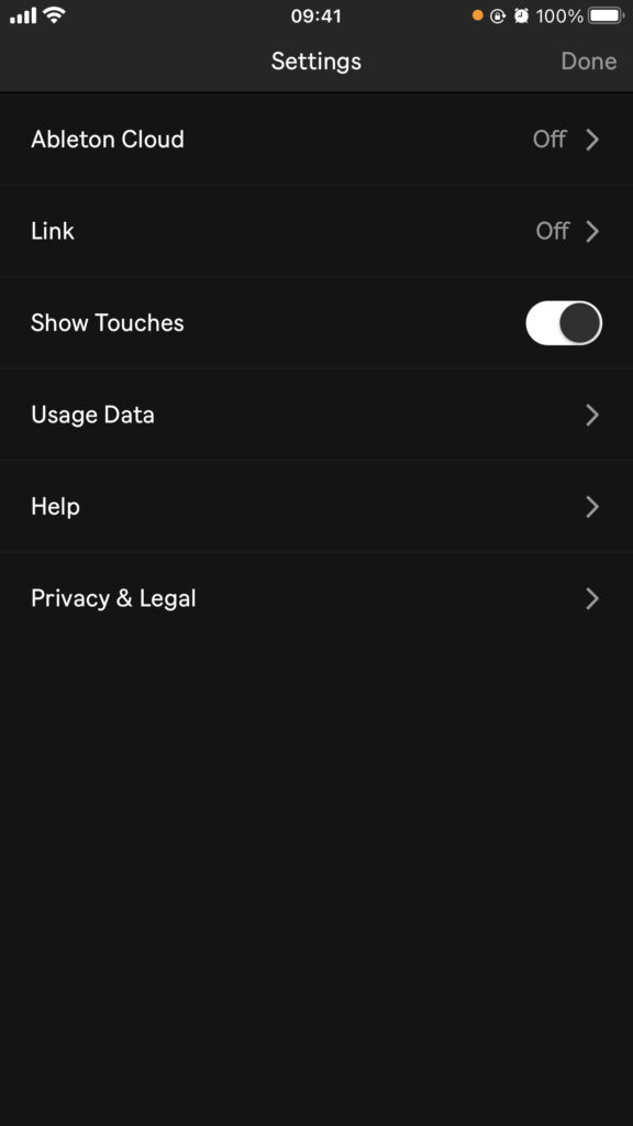 Screenshot del pannello delle impostazioni di Ableton Note. Le opzioni in ordine dall'altro verso il basso sono: Ableton Cloud, Ableton Link, Show Touches (attiva), Usage Data, Help, Privacy & Legal