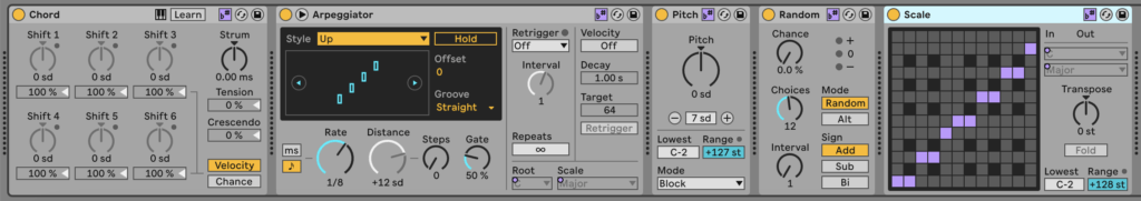 Uno screenshot che mostra una catena di MIDI FX (Chord, Arpeggiator, Pitch, Random e Scale) di Ableton Live 12 con attivo il pulsante di Scale Awareness